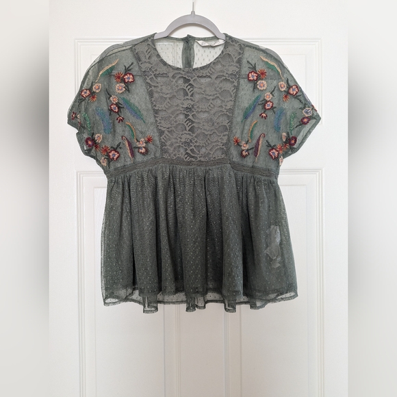 Zara Tops - Zara | Size S |  Green Mesh Top With Floral Embroidery